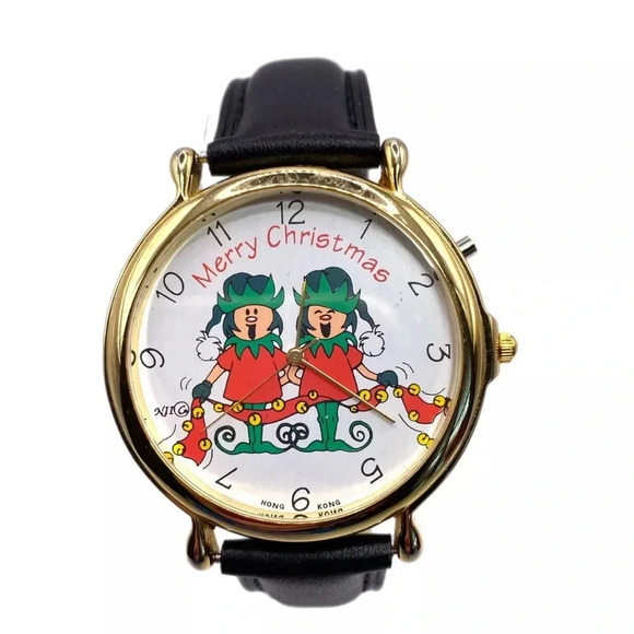Vintage Christmas Watch Gold Tone Genuine Leather Band Holiday Elves New Battery - Picture 1 of 10